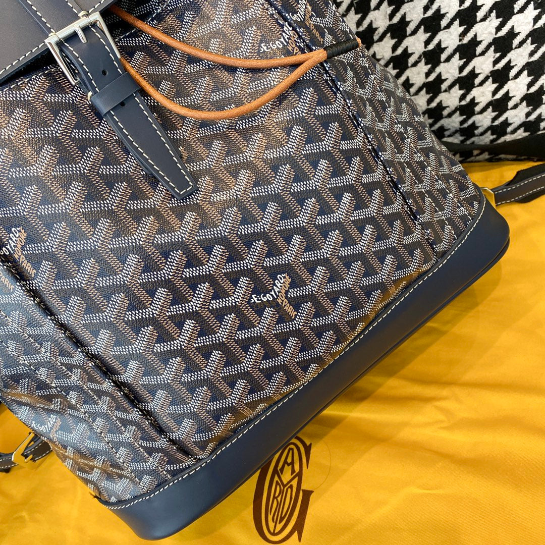 Gogy Classic Blue Chevron Pattern Canvas Flap Backpack with Leather Trim