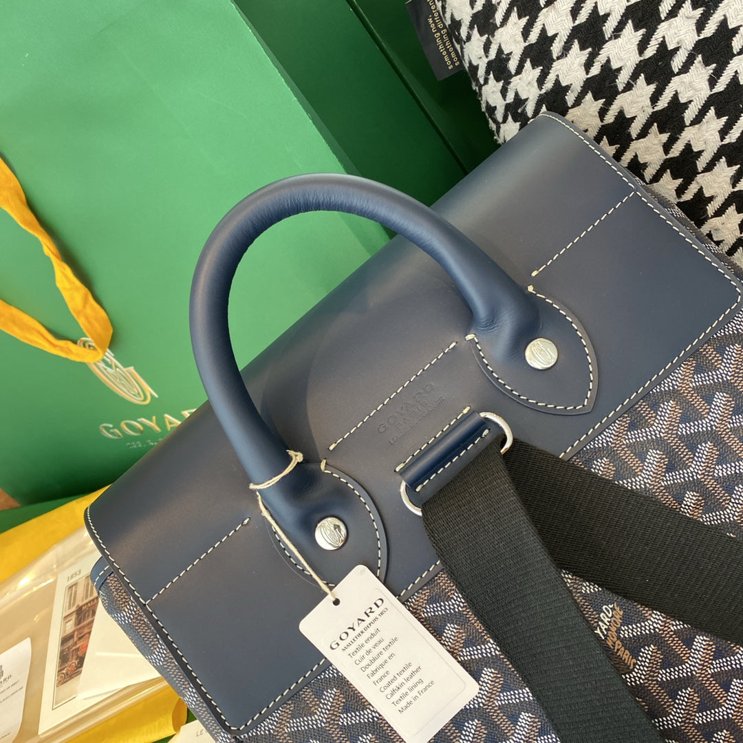 Gogy Grey Blue Chevron Canvas Backpack with Leather Flap Drawstring