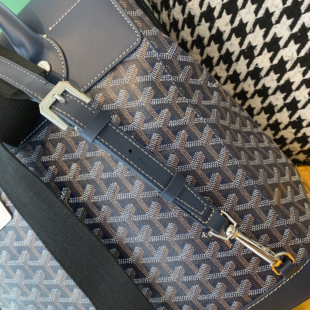 Gogy Grey Blue Chevron Canvas Backpack with Leather Flap Drawstring
