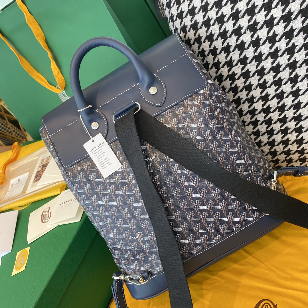 Gogy Grey Blue Chevron Canvas Backpack with Leather Flap Drawstring