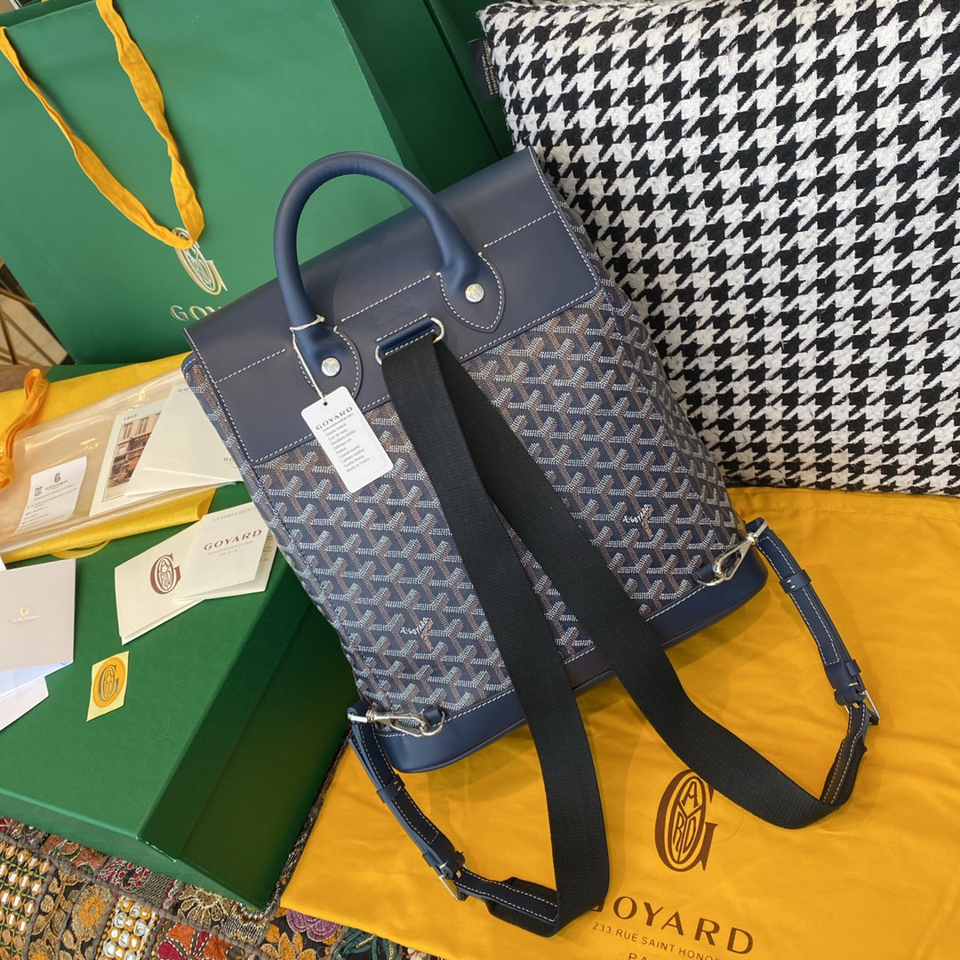 Gogy Grey Blue Chevron Canvas Backpack with Leather Flap Drawstring