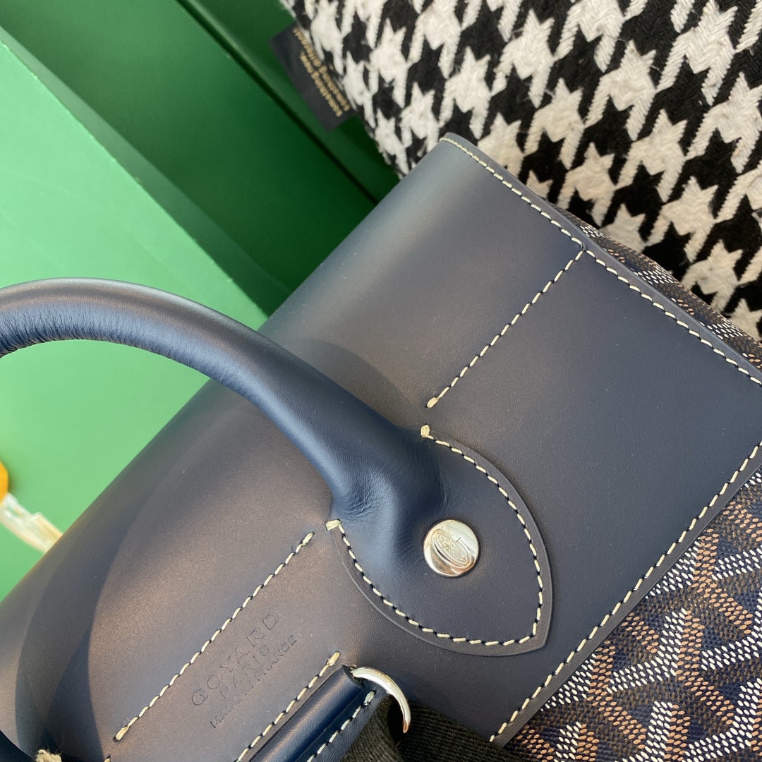 Gogy Grey Blue Chevron Canvas Backpack with Leather Flap Drawstring