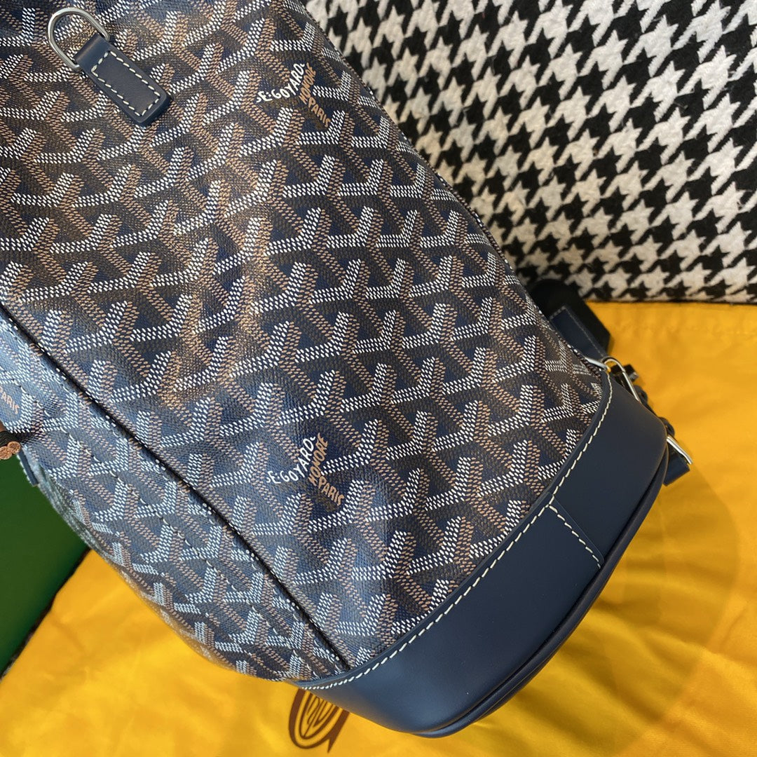 Gogy Grey Blue Chevron Canvas Backpack with Leather Flap Drawstring