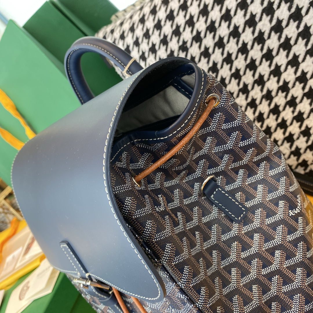 Gogy Grey Blue Chevron Canvas Backpack with Leather Flap Drawstring