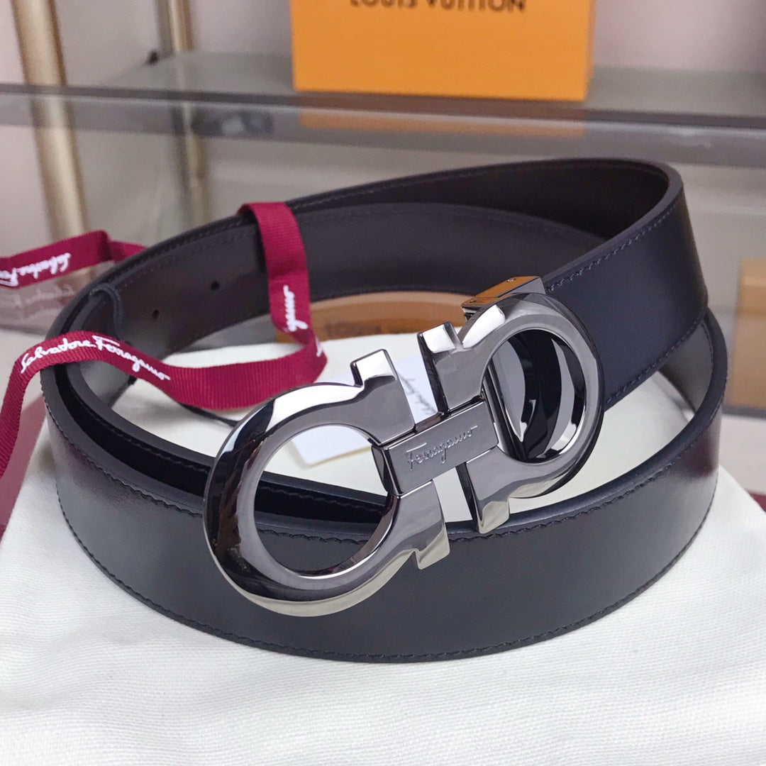 Salvatore Ferragamo Men's Reversible Leather Belt with Gunmetal Gancini Buckle - Black
