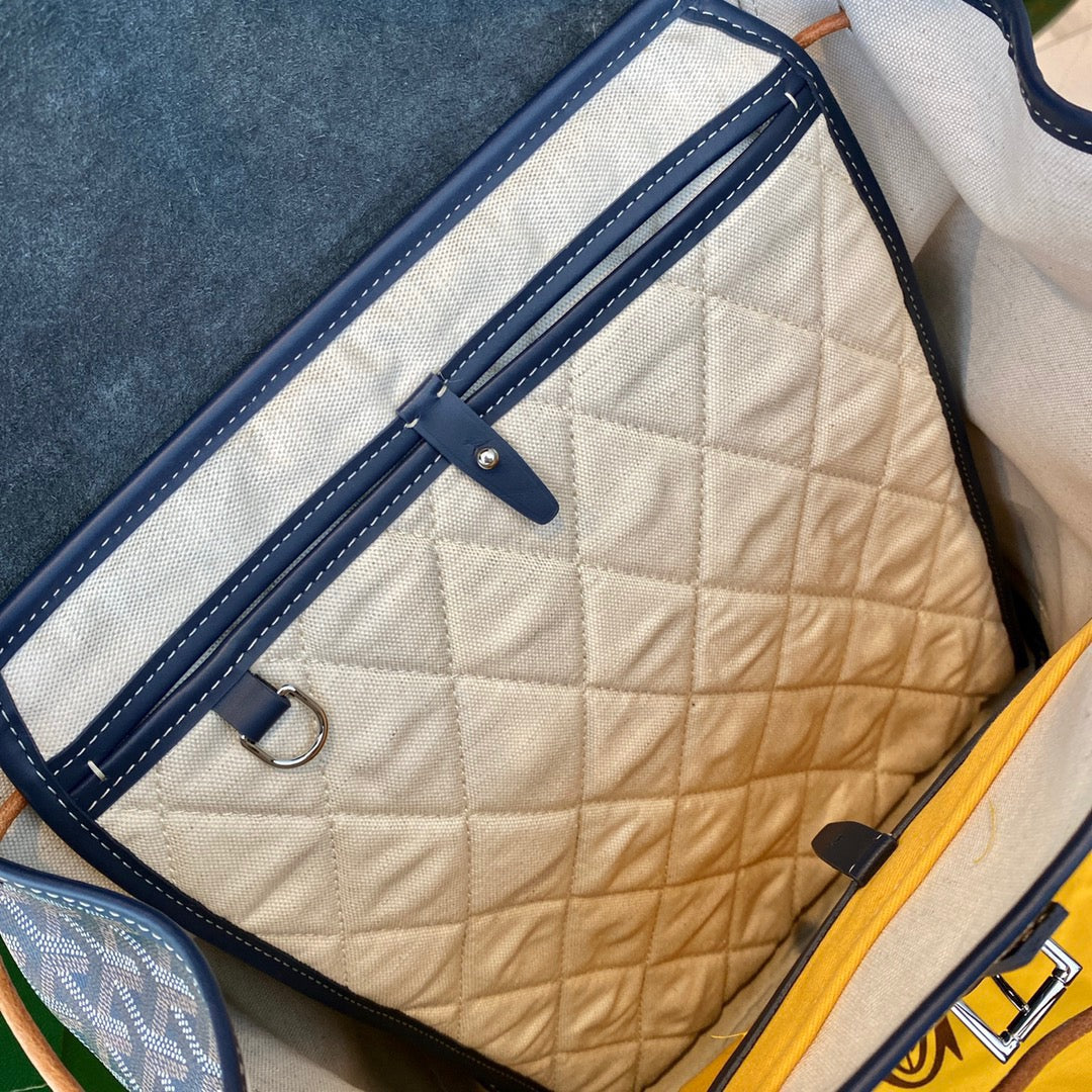 Gogy Luxury Chevron Pattern Canvas Backpack with Navy Blue Leather Flap