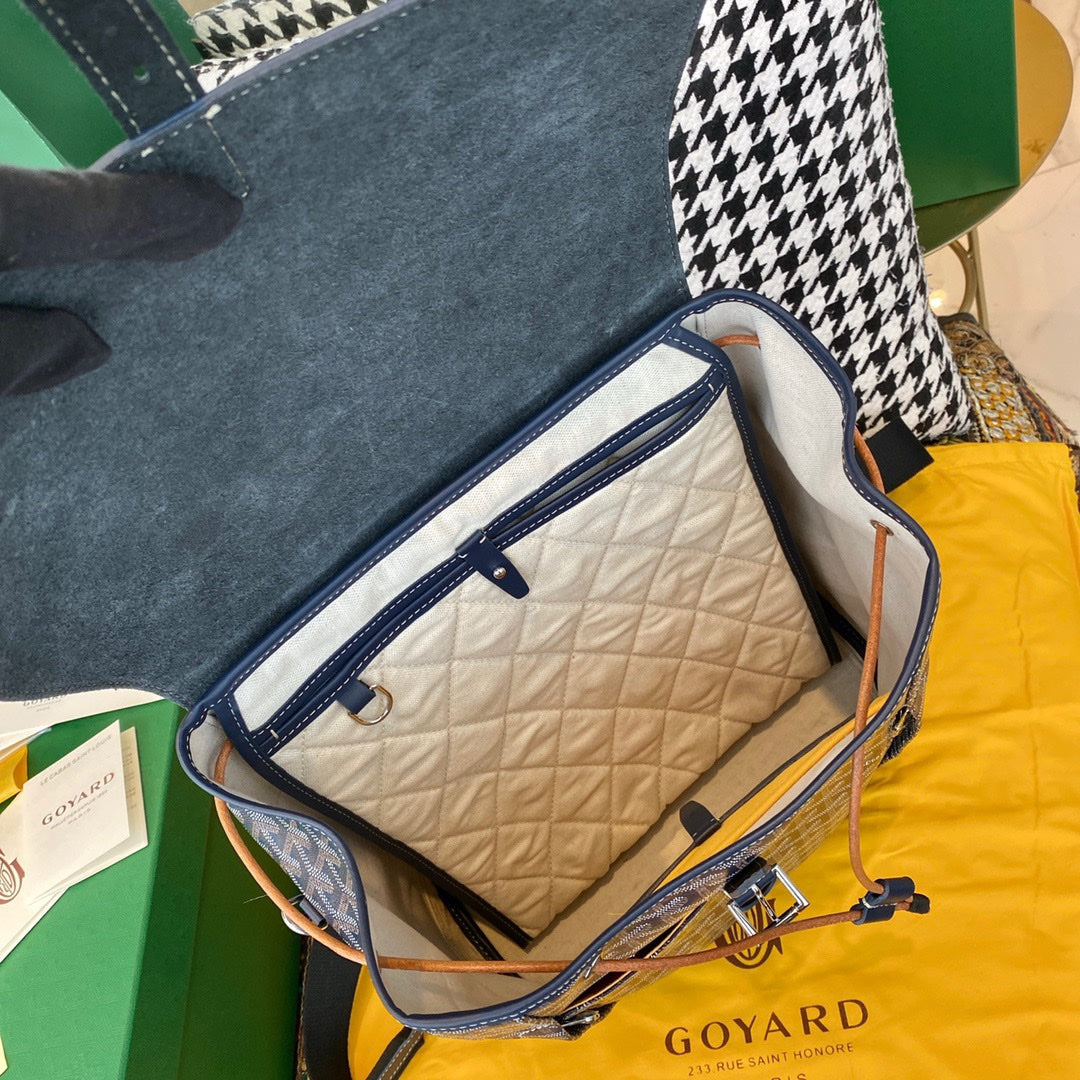 Gogy Luxury Chevron Pattern Canvas Backpack with Navy Blue Leather Flap
