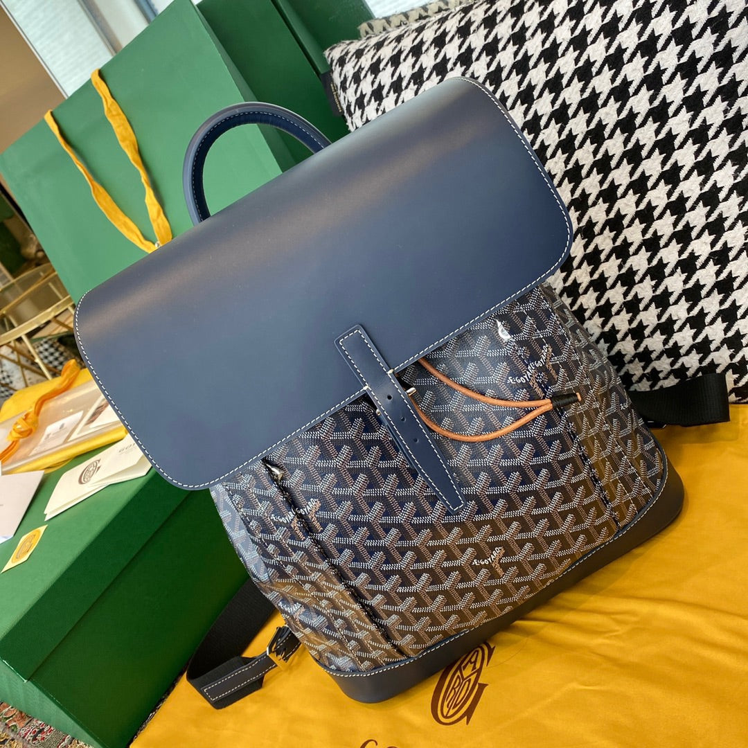 Gogy Luxury Chevron Pattern Canvas Backpack with Navy Blue Leather Flap