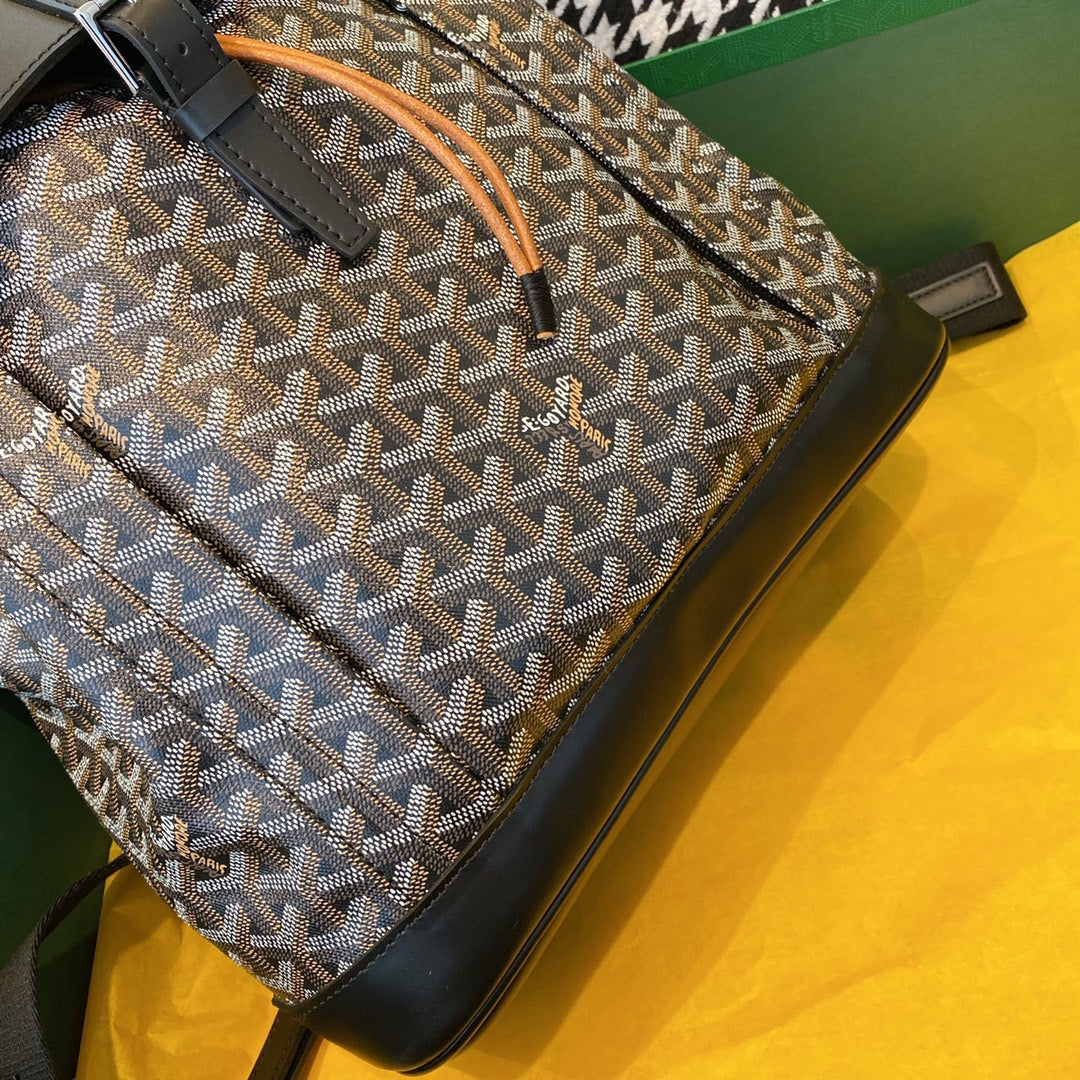 Gogy Geometric Chevron Pattern Canvas Backpack with Black Leather Flap