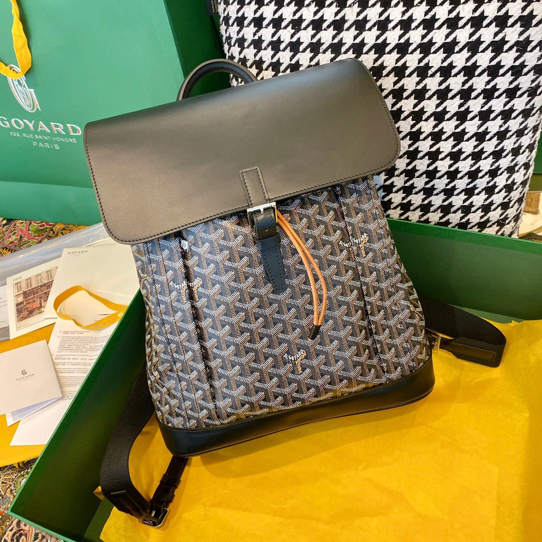 Gogy Geometric Chevron Pattern Canvas Backpack with Black Leather Flap