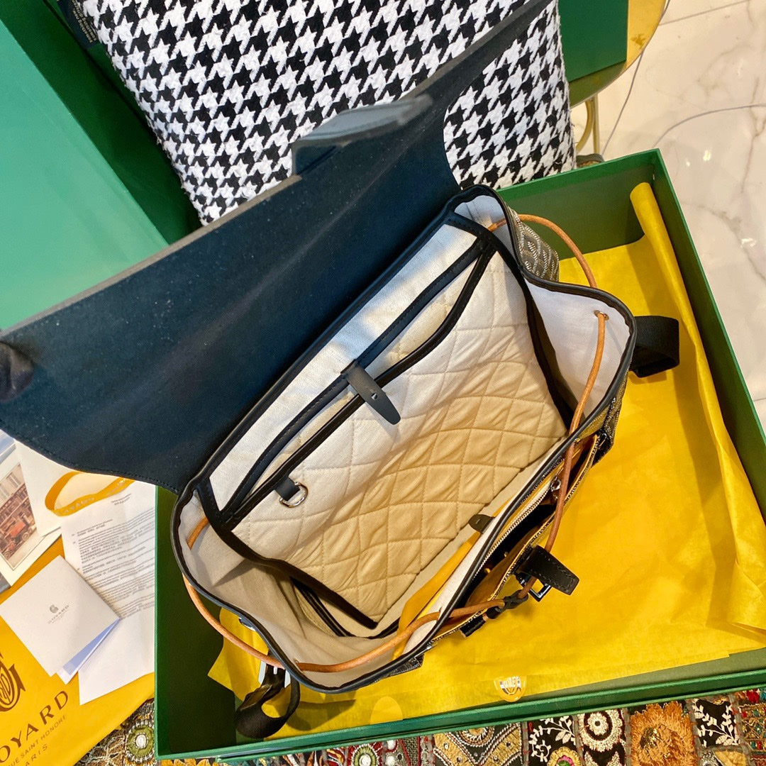 Gogy Grey Chevron Print Canvas and Black Leather Flap Backpack
