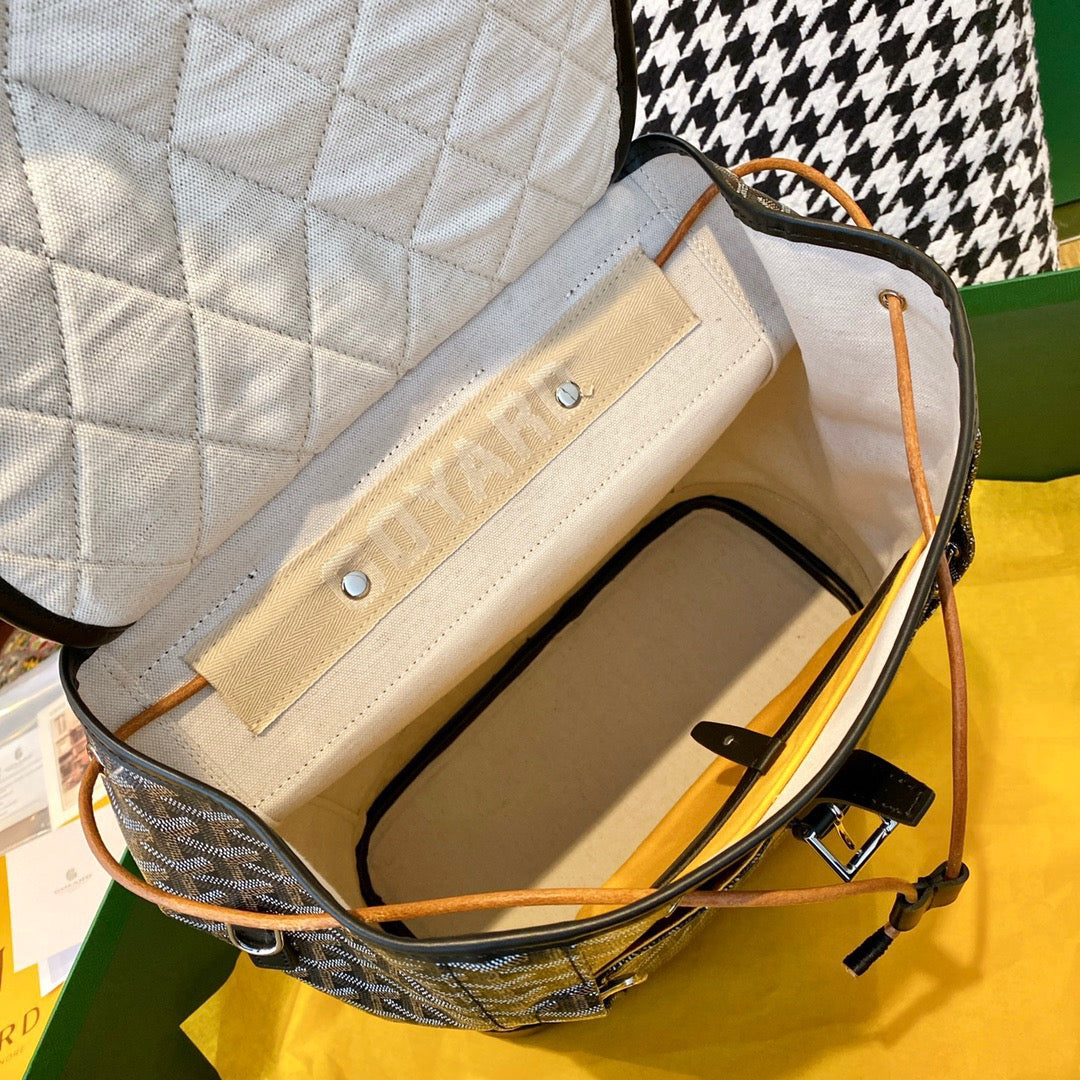 Gogy Grey Chevron Print Canvas and Black Leather Flap Backpack