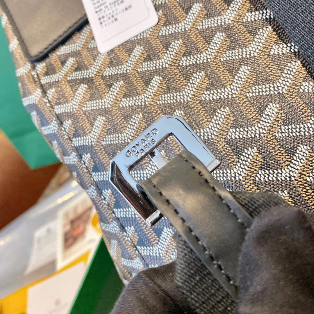 Gogy Grey Chevron Print Canvas and Black Leather Flap Backpack