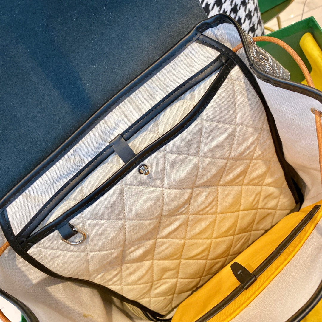 Gogy Grey Chevron Print Canvas and Black Leather Flap Backpack