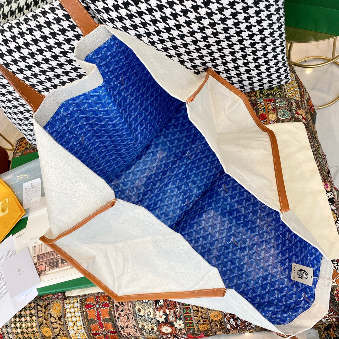 Gogy Large Blue Geometric Pattern Canvas Tote Bag with Leather Handles