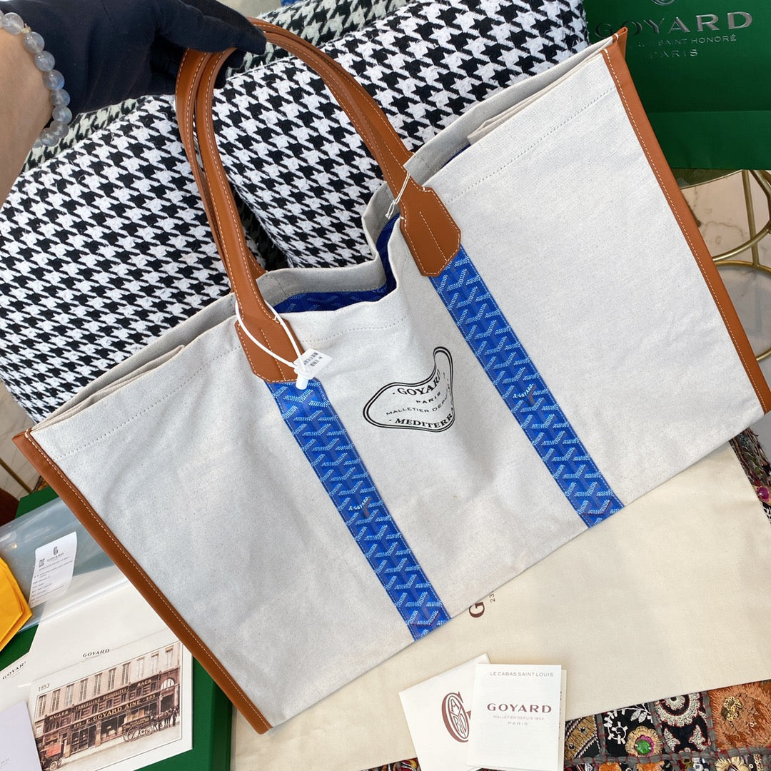 Gogy Large Blue Geometric Pattern Canvas Tote Bag with Leather Handles