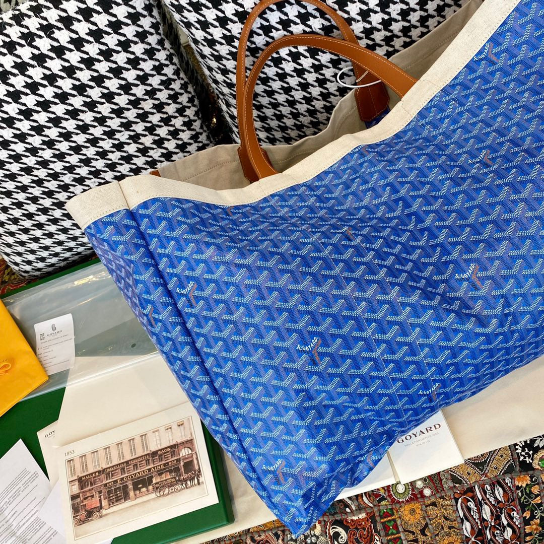 Gogy Large Blue Geometric Pattern Canvas Tote Bag with Leather Handles