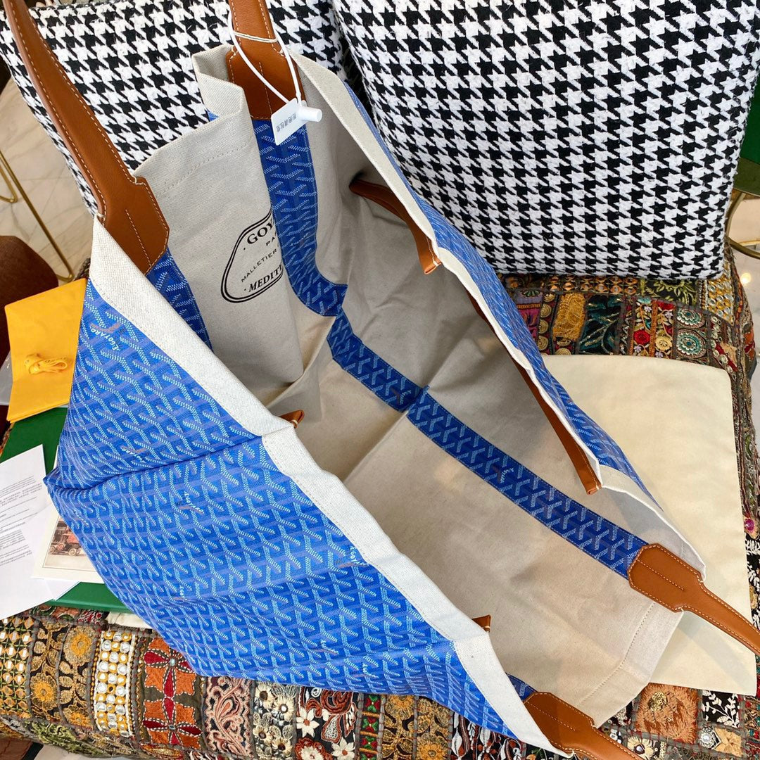 Gogy Large Blue Geometric Pattern Canvas Tote Bag with Leather Handles