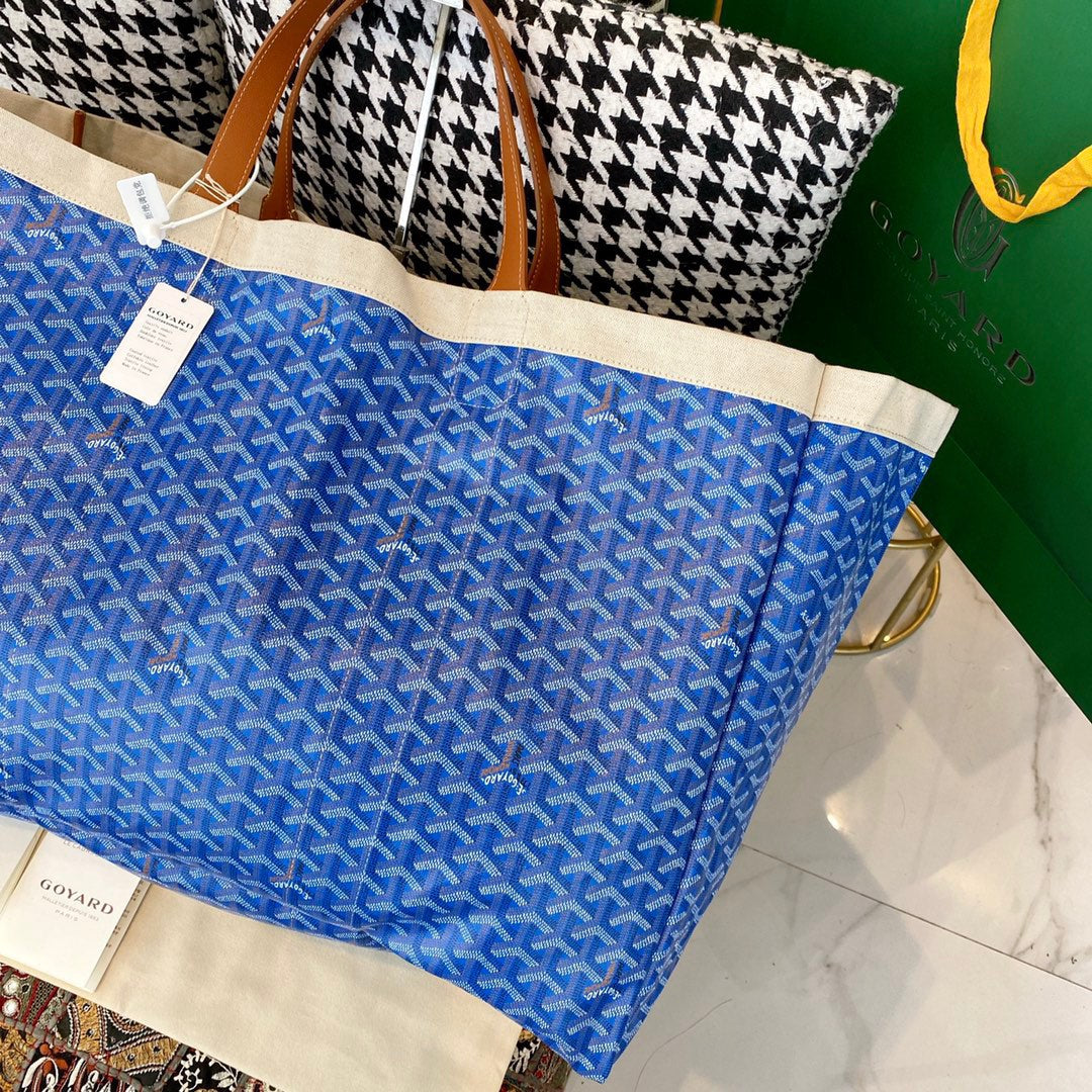 Gogy Large Blue Geometric Pattern Canvas Tote Bag with Leather Handles
