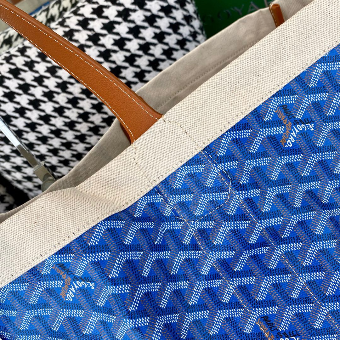Gogy Large Blue Geometric Pattern Canvas Tote Bag with Leather Handles