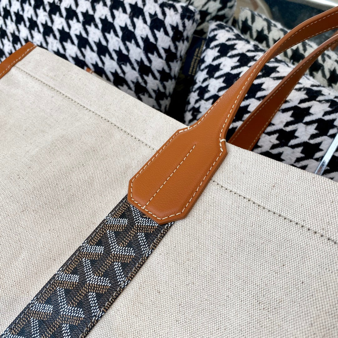 Gogy Large Canvas Tote Bag with Leather Handles and Patterned Straps