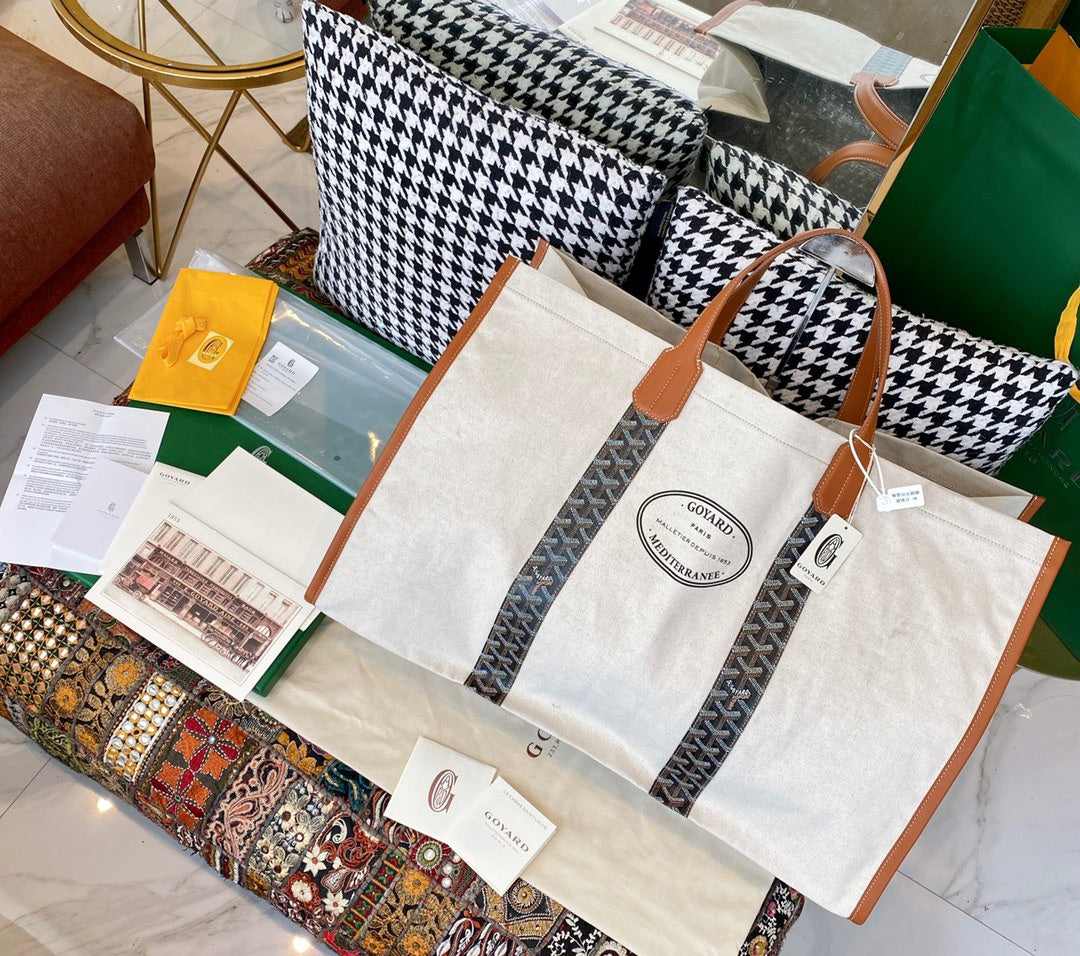 Gogy Large Canvas Tote Bag with Leather Handles and Patterned Straps