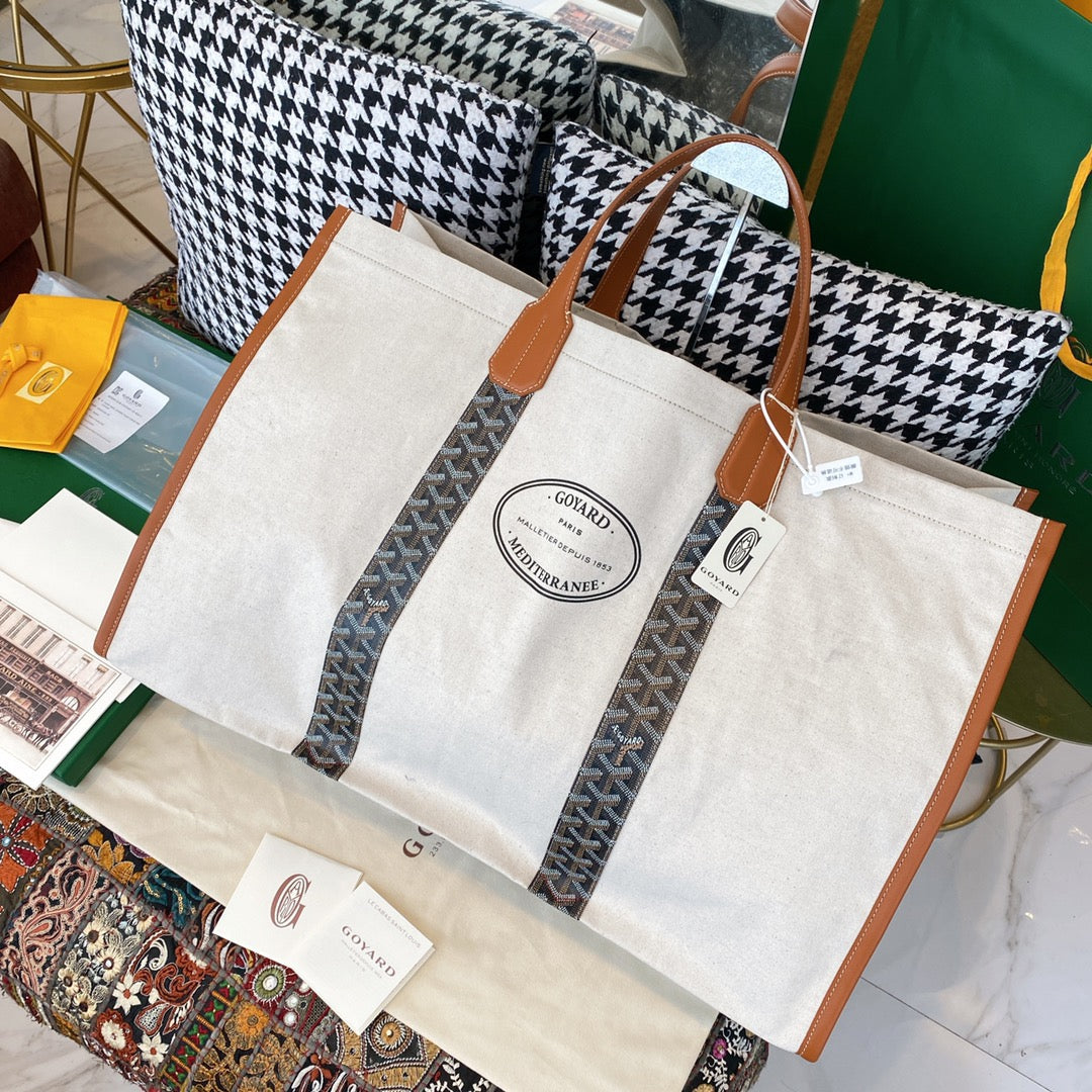 Gogy Large Canvas Tote Bag with Leather Handles and Patterned Straps