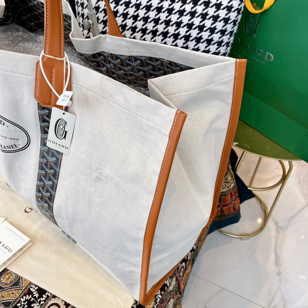 Gogy Large Canvas Tote Bag with Leather Handles and Patterned Straps
