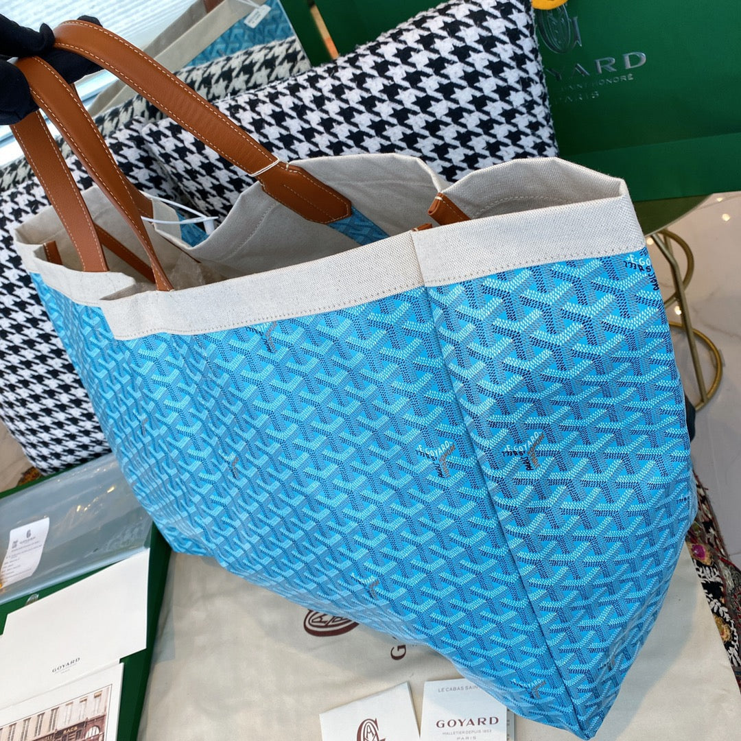 Gogy Blue Chevron Monogram Canvas Travel Tote Bag with Leather Handles