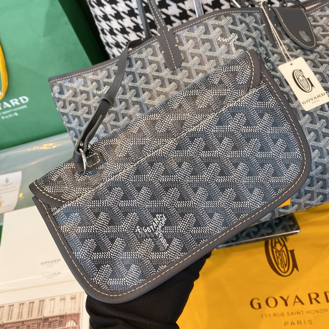 Gogy Classic Grey Chevron Monogram Canvas Pouch with Leather Trim