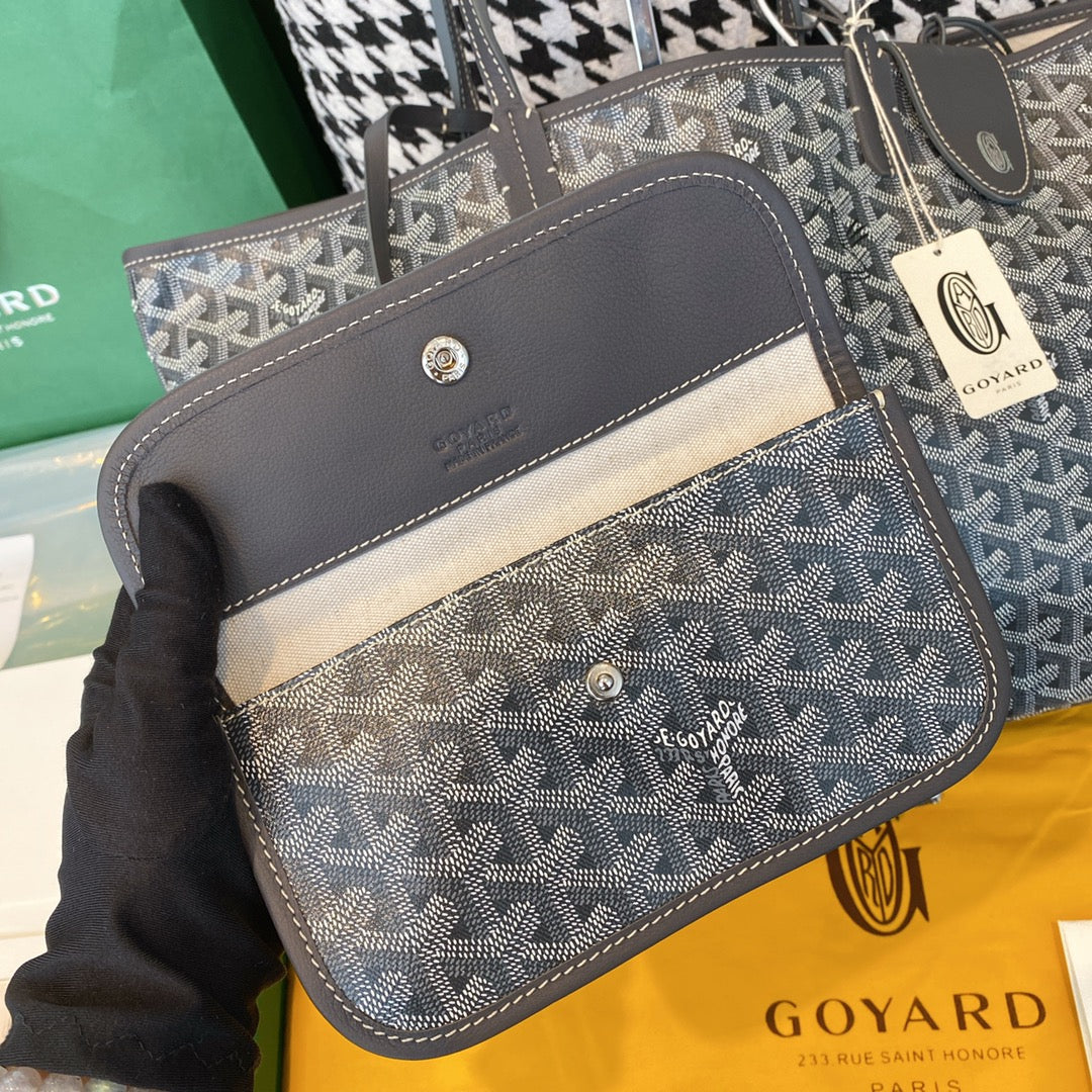 Gogy Classic Grey Chevron Monogram Canvas Pouch with Leather Trim