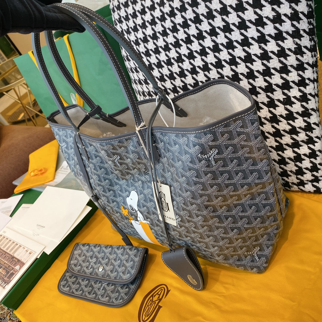 Gogy Classic Grey Chevron Monogram Canvas Pouch with Leather Trim