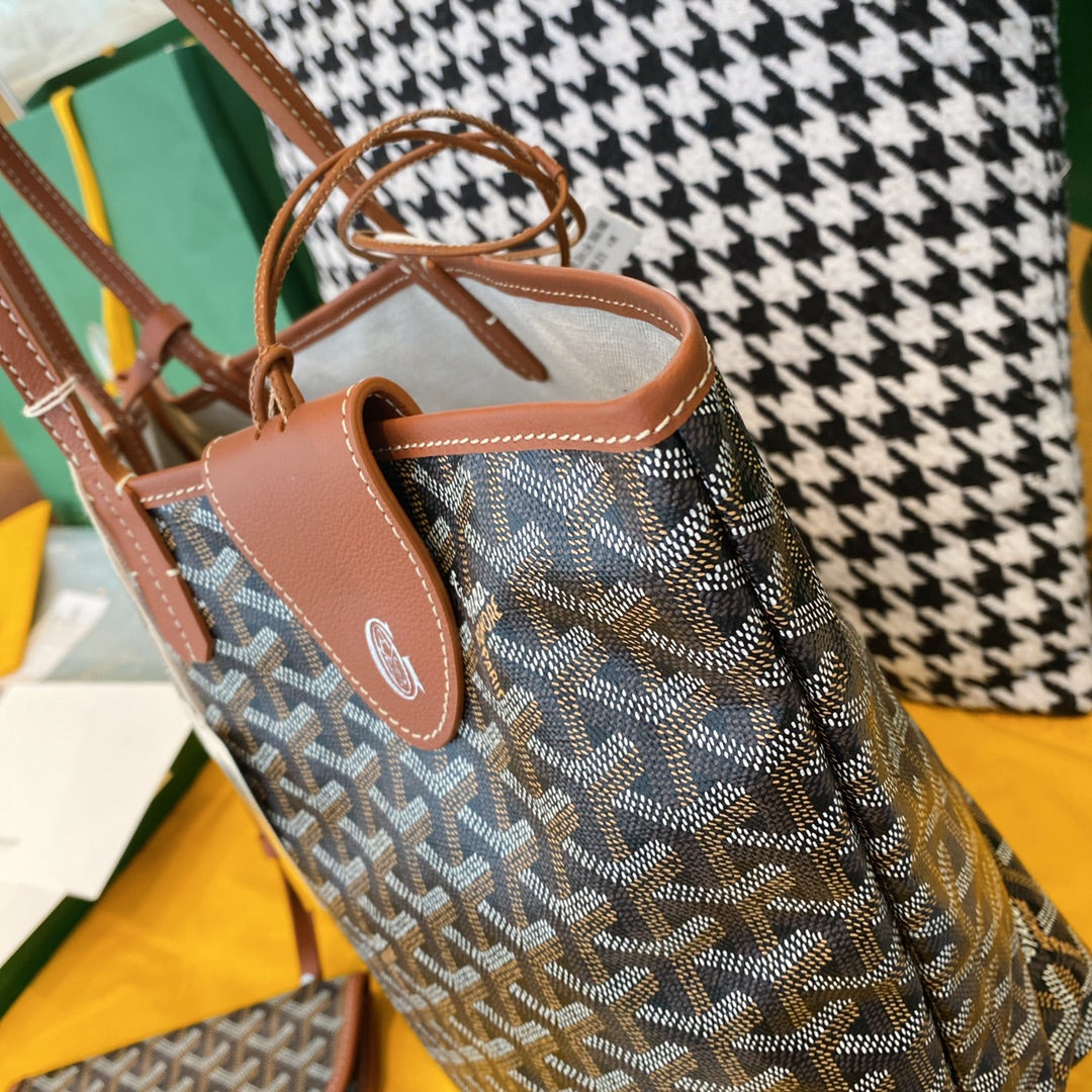 Gogy Classic Chevron Pattern Tote Bag with Brown Leather Handles