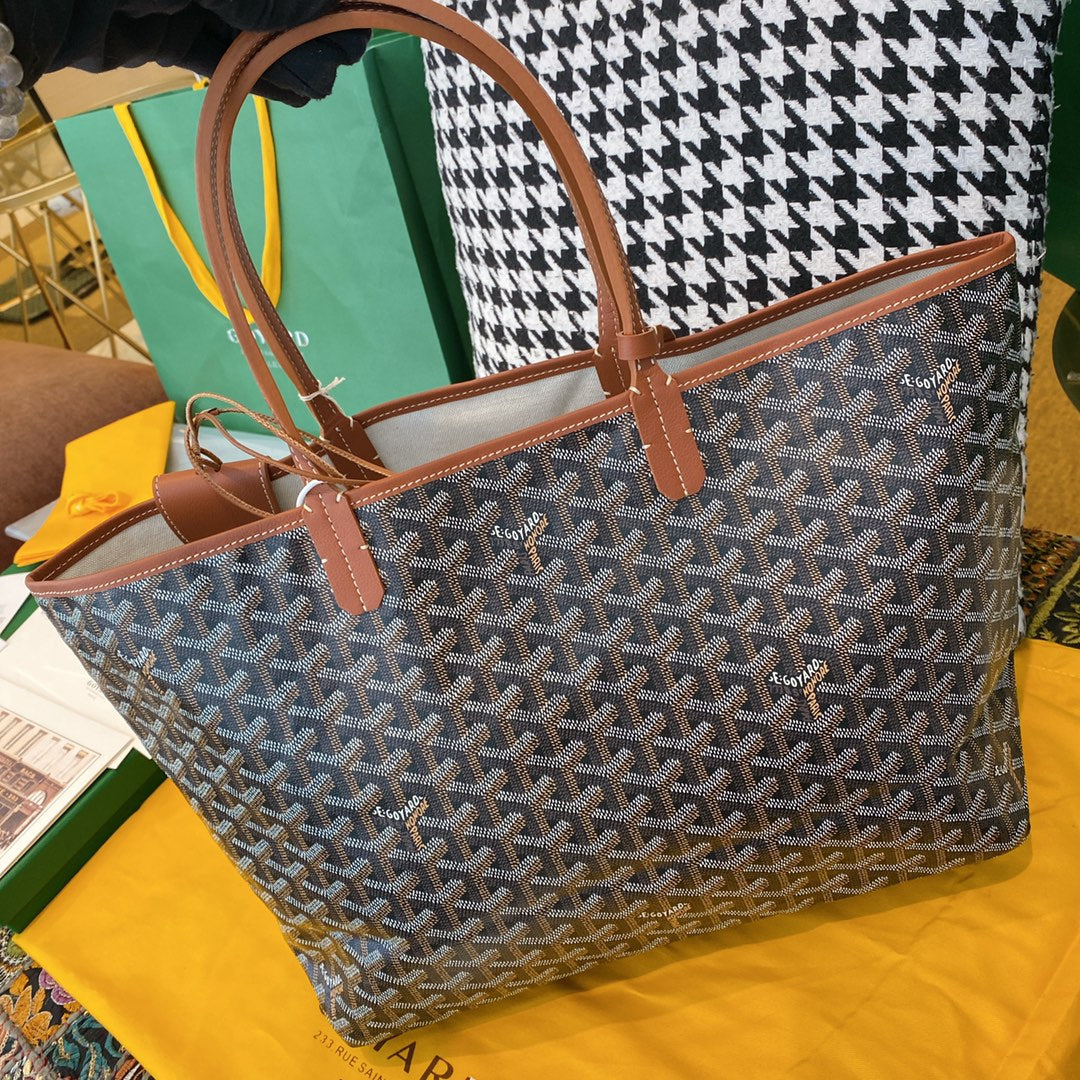 Gogy Classic Chevron Pattern Tote Bag with Brown Leather Handles