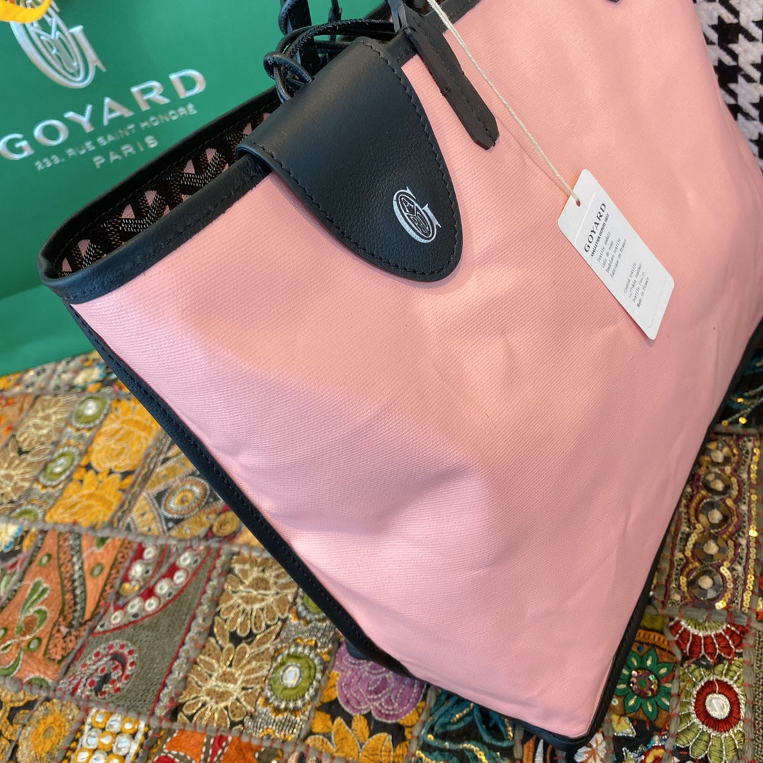 Gogy Elegant Pink Canvas Handbag with Black Leather Trim Detail
