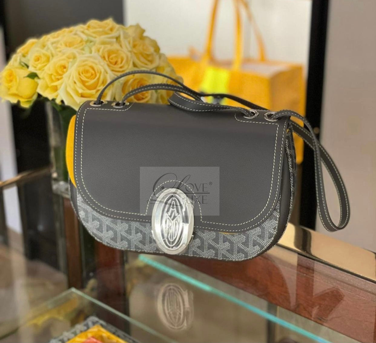 Gogy Elegant Grey Leather Monogram Saddle Bag Flap Shoulder Purse
