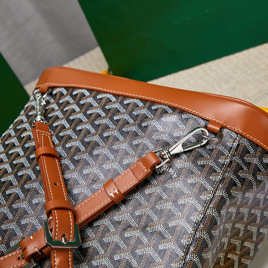 Gogy Luxury Chevron Pattern Canvas Backpack with Tan Leather Flap