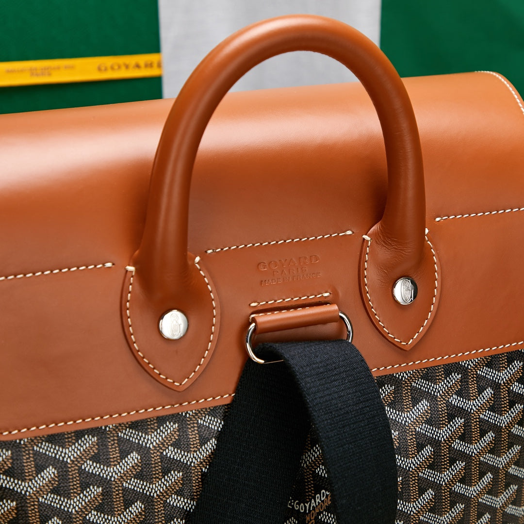 Gogy Luxury Chevron Pattern Canvas Backpack with Tan Leather Flap