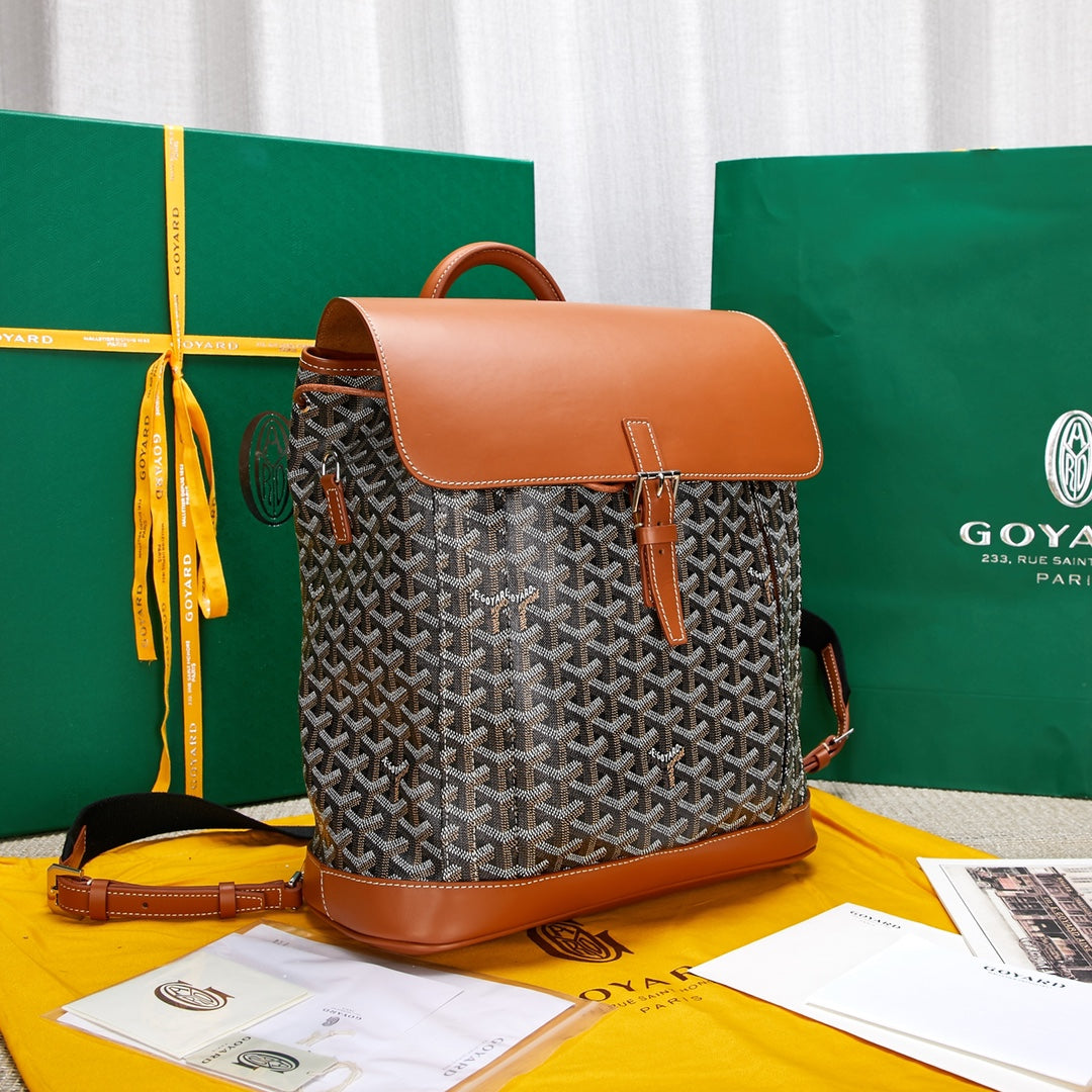 Gogy Luxury Chevron Pattern Canvas Backpack with Tan Leather Flap
