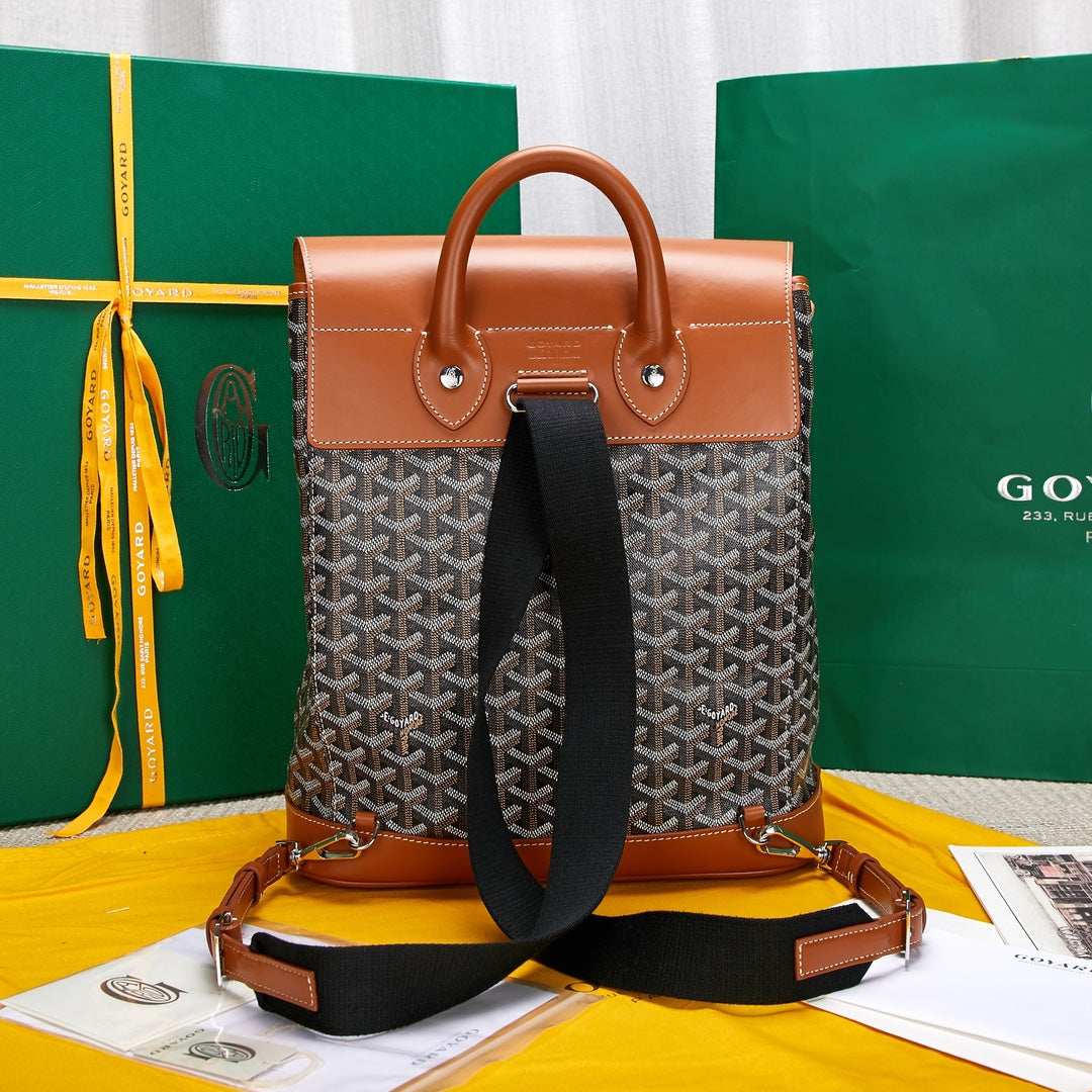 Gogy Luxury Chevron Pattern Canvas Backpack with Tan Leather Flap