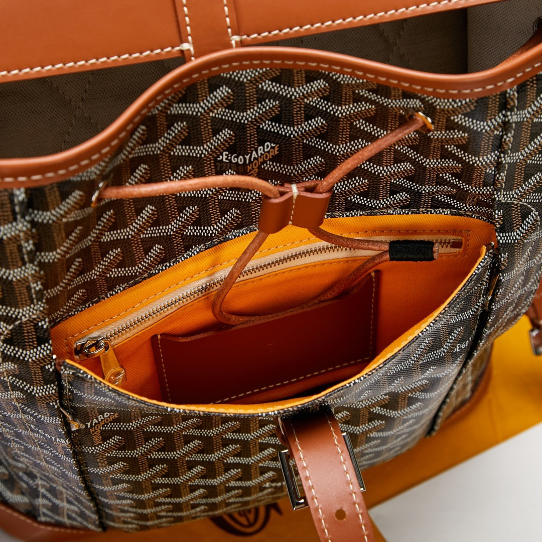 Gogy Luxury Chevron Pattern Canvas Backpack with Tan Leather Flap
