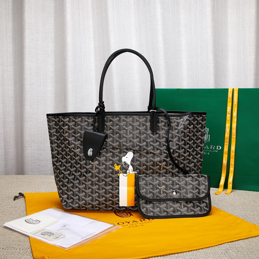 Gogy Classic Monogram Canvas Tote Bag with Matching Pouch and Cartoon Dog Print