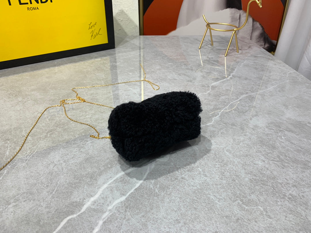 Fendi First Nano Black Shearling Chain Bag with Box