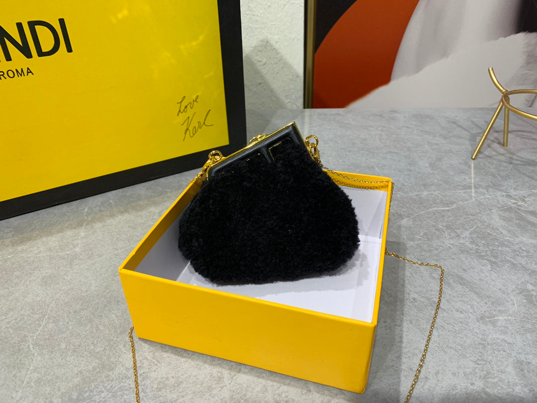 Fendi First Nano Black Shearling Chain Bag with Box