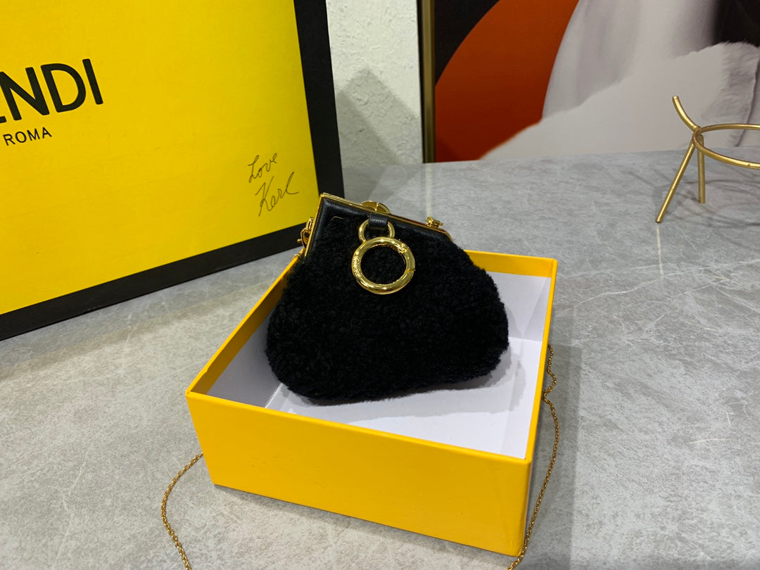 Fendi First Nano Black Shearling Chain Bag with Box