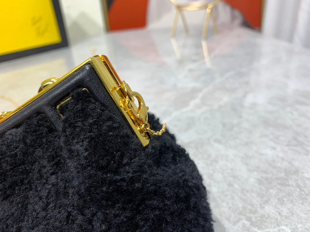 Fendi First Nano Black Shearling Mini Bag with Gold Chain