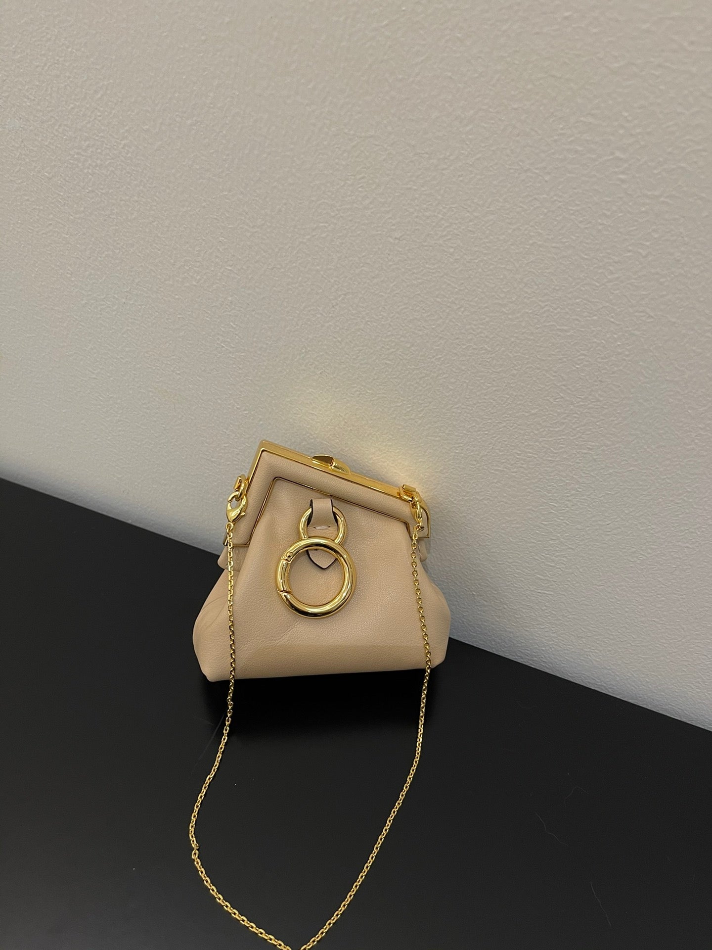 Nano Beige Leather Pouch with Gold Chain Strap and Metal Frame Closure