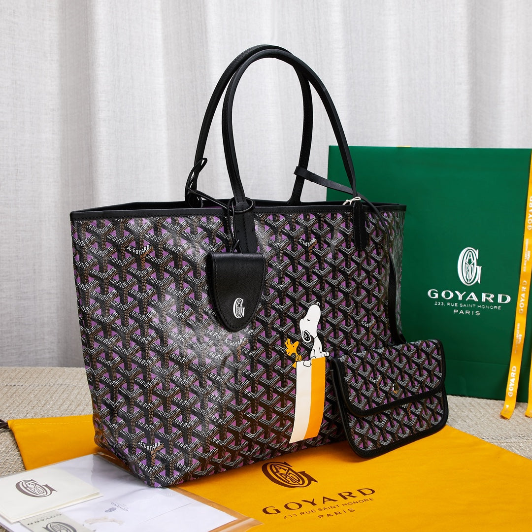 Gogy Chevron Monogram Tote Bag with Cartoon Dog Graphic and Pouch