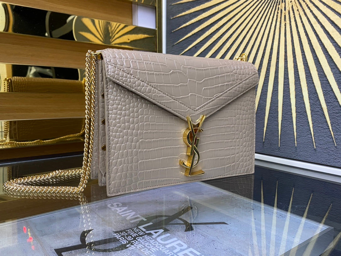 Saint Laurent Cassandre Envelope Chain Wallet - Beige Crocodile-Embossed Leather
