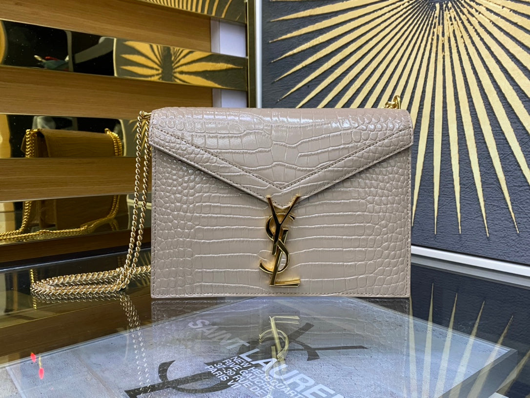 Saint Laurent Cassandre Envelope Chain Wallet - Beige Crocodile-Embossed Leather